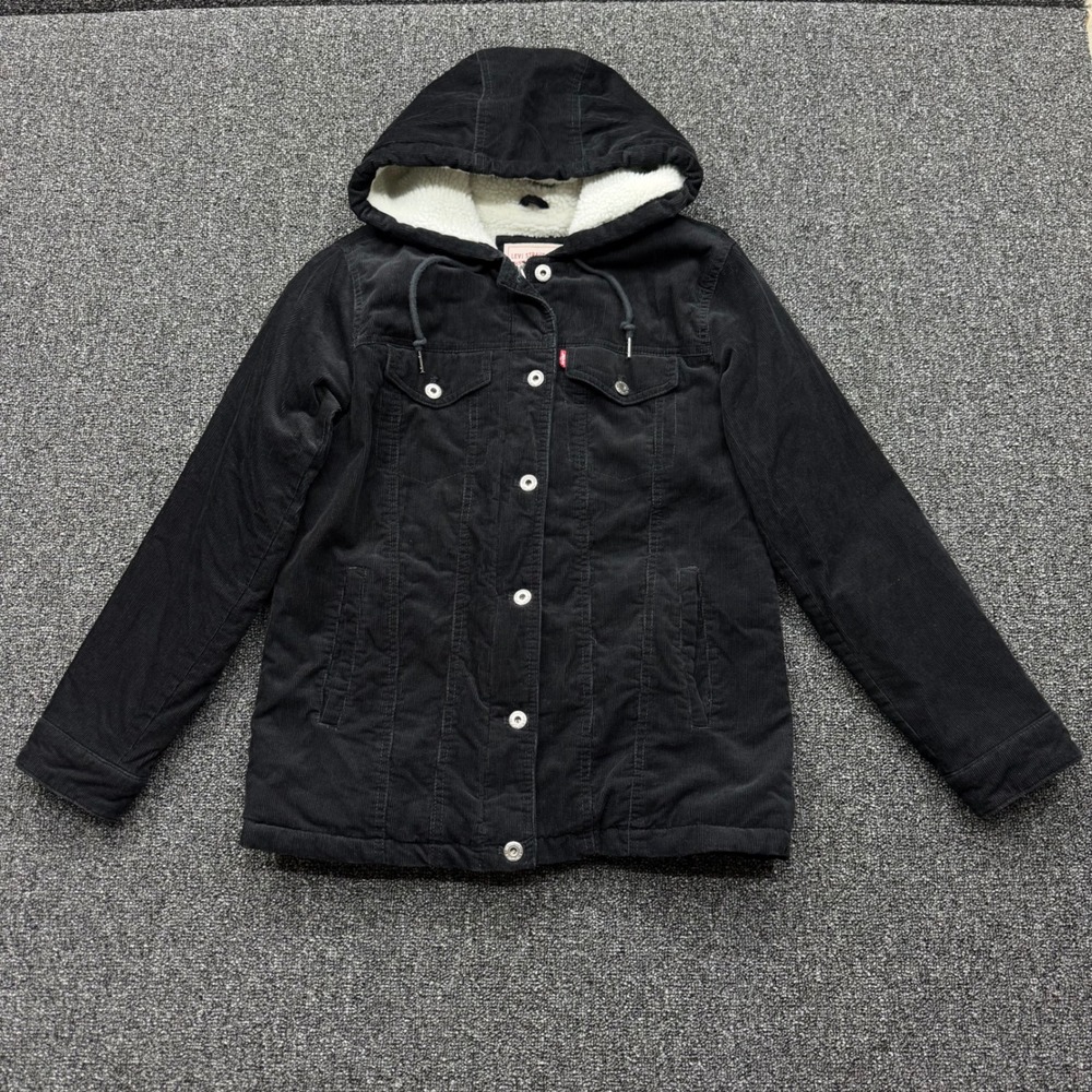 Levis Corduroy Sherpa Lined Hooded Jacket Womens XS Black streetwear cozy winter